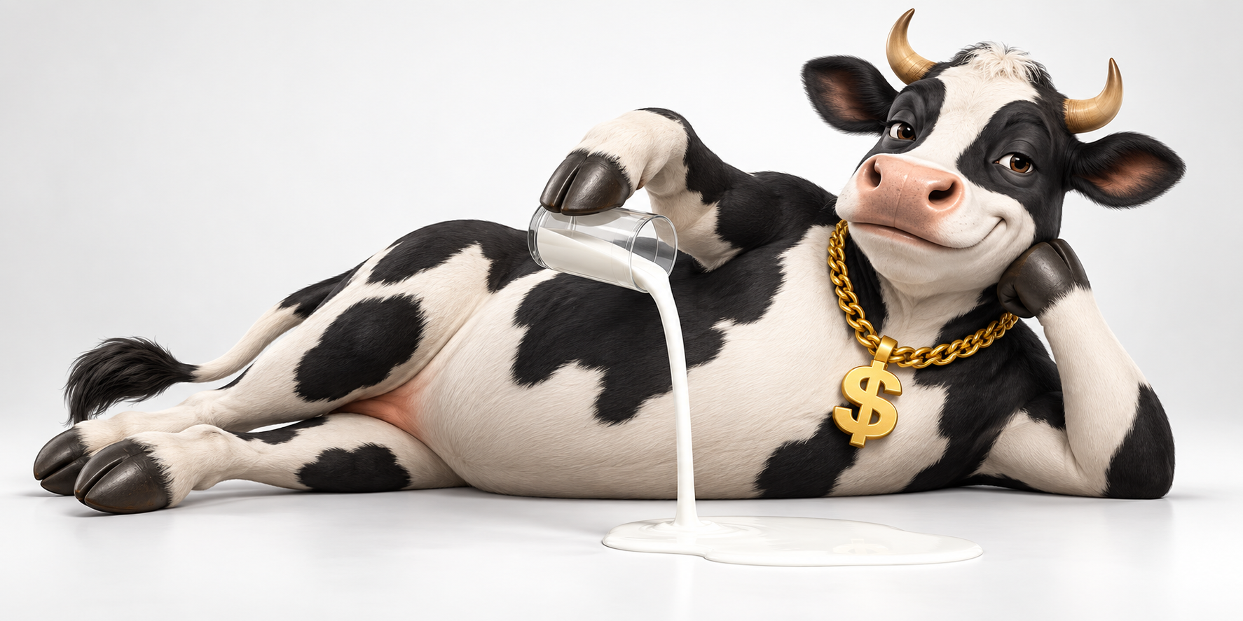 Cash Cow Pros mascot wearing a dollar-sign gold chain and pouring a glass of milk